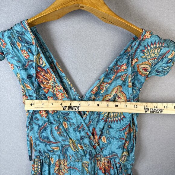 Land Of The Free Maxi Dress Size S Teal & Orange Floral Print Boho Wrap Vacation - Picture 4 of 13